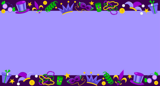 jasny kolorowy baner na fioletowym tle na obchody mardi gras. kapelusz, korona, koraliki, symbol, balon, serpentyna, flaga, kokos, maska, kryształ, gwiazda. - mardi gras stock illustrations