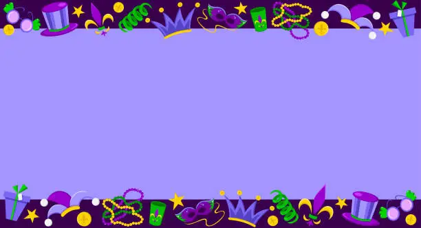 Vector illustration of Bright colourful banner on purple background for Mardi Gras celebration. Hat, crown, beads, symbol, balloon, serpentine, flag, coconut, mask, crystal, star.