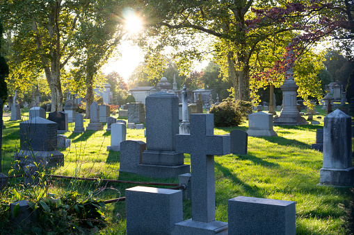 Sunset at the cemetery. Graveyard, tombstones in green area of trees and grass during fall season