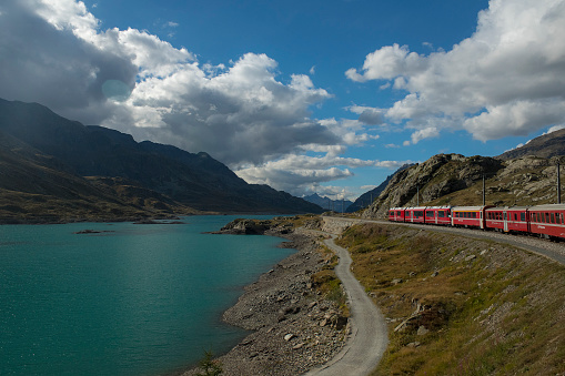 View on a train near Lago Bianco in Graubünden, in South East of Switzerland
