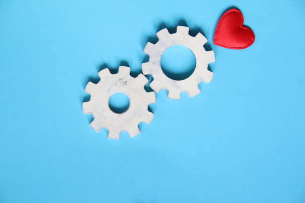 Two steel gears Close-up. Teamwork, partnership, business concept. stock photo