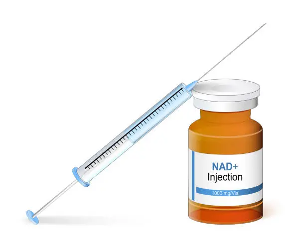 Vector illustration of NAD. Syringe, and vial for injection. Life extension.