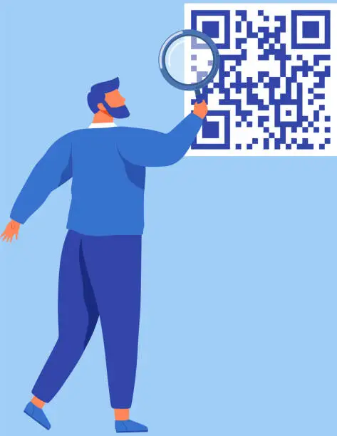 Vector illustration of Man analyzing financial data, decoding big QR code. Person with loupe examines digital cipher