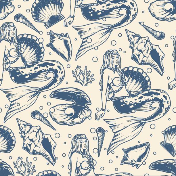 Mermaid woman monochrome seamless pattern girl with fish tail from sea stories sits underwater near shells with pearls vector illustration
