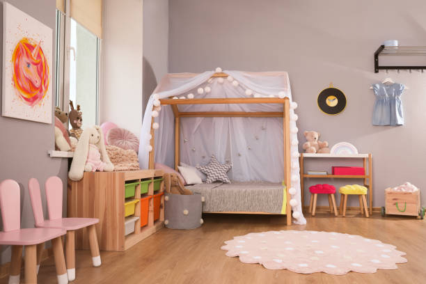 istock Stylish child room interior with comfortable house bed 1456038377