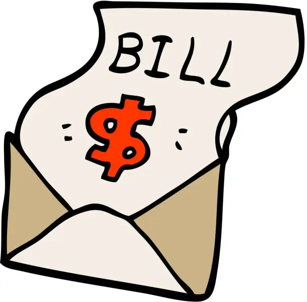 Vector illustration of cartoon doodle bill in envelope