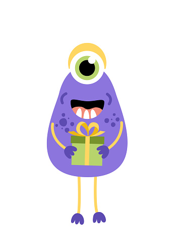 Monster. Purple monocular monster with green gift. Flat, cartoon. Isolated vector illustration eps 10