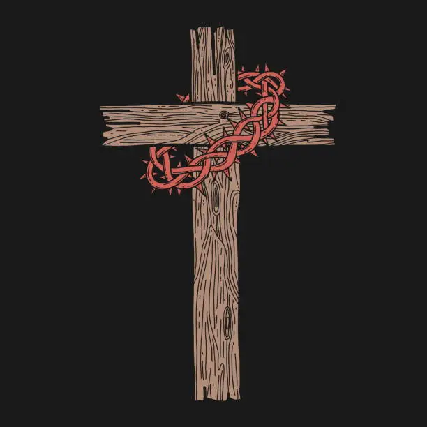 Vector illustration of Hand-drawn vector illustration for Easter. A wooden cross with a crown of thorns. A symbol of the crucifixion and resurrection of the Lord Jesus Christ.