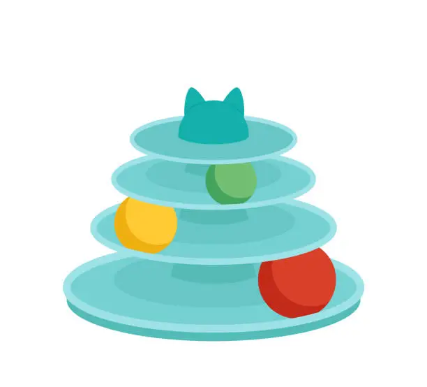 Vector illustration of Cat toy. Tree level tower with balls. Tracks. Flat, cartoon, vector