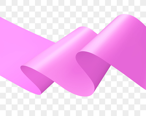 Pink Ribbon with beautiful big waves. Rose colored ribbon flutters in the wind. Three-dimensional wavy rosy flag isolated on transparent background. Pinkish ribbon. Realistic 3D vector illustration