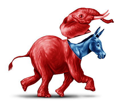 Fake conservative or closet liberal as a blue Donkey pretending or masquerading as a red Elephant in an American election campaign as a symbol of opposition research politics and US political strategy in a 3D illustration style.