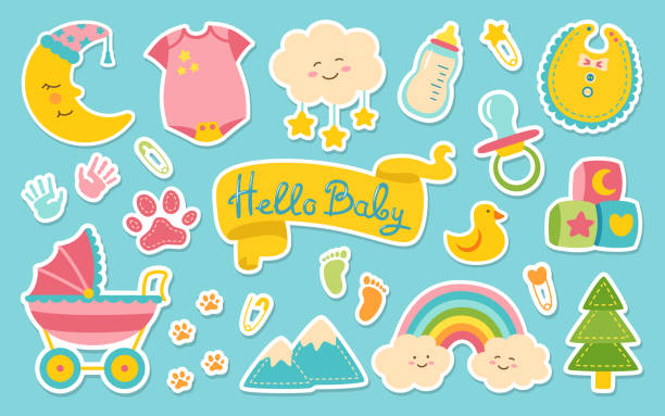 baby neugeborene kinderzimmer objekte aufkleber set geburtstag kind erinnerung sammelalbum tagebuch patch zubehör kit - shape comic book label text stock-grafiken, -clipart, -cartoons und -symbole