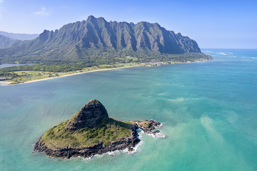 Aerial view of the Koolau Mountain Range on the east side of Oahu with (Mokolii Island) in the foreground