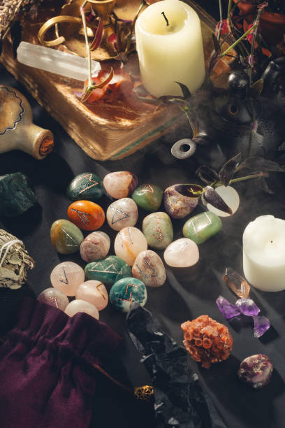 istock Esoteric Occult Altar with Runes Stones on Black 1456048028