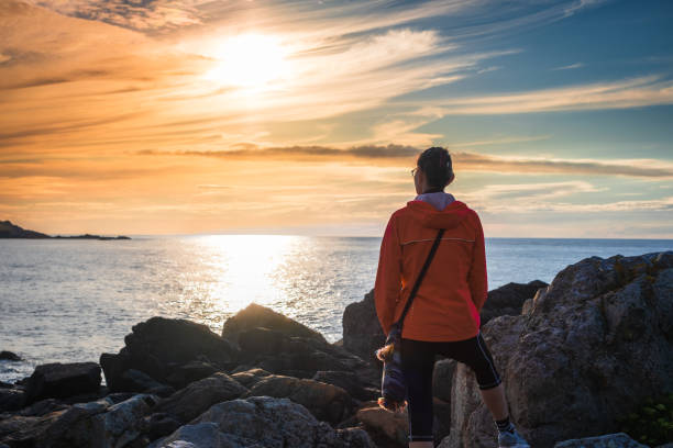 istock Woman watching beautiful sunset over ocean from rugged shoreline 1456048725