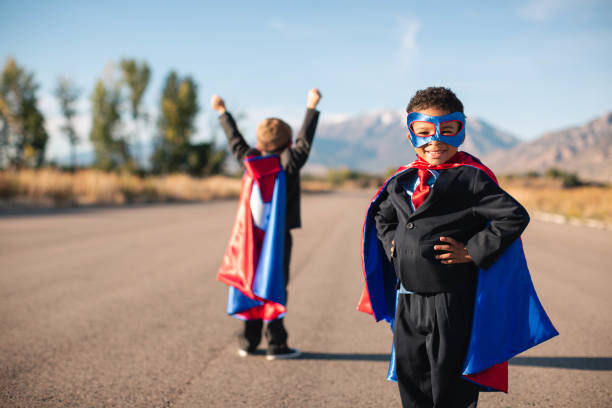 business duo superheroes - partnership creativity superhero child imagens e fotografias de stock