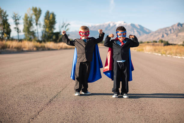 business duo superheroes - partnership creativity superhero child imagens e fotografias de stock