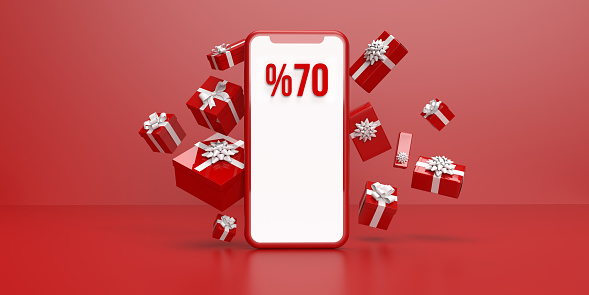 Beautiful gift boxes surrounding mobile phone device with 70 percentage discount text on white telephone screen. Red background with copy space. Valentine's Day, Christmas or Mother's Day business sale. Online holiday shopping concept in 3D illustration design