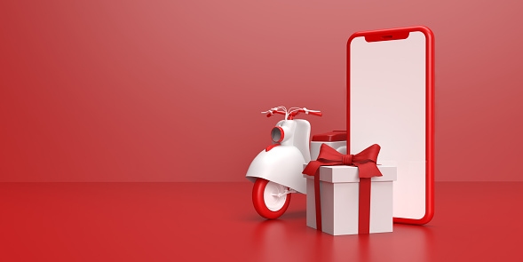 Beautiful white gift box, empty mobile phone device screen and cute scooter for free transport service on red background, copy space. Valentine's Day, Christmas or Mother's Day business sale. Online holiday shopping and delivery concept in 3D illustration design