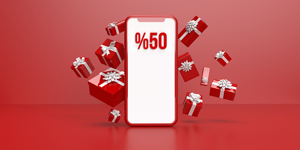 Beautiful gift boxes surrounding mobile phone device with 50 percentage discount text on white telephone screen. Red background with copy space. Valentine's Day, Christmas or Mother's Day business sale. Online holiday shopping concept in 3D illustration design