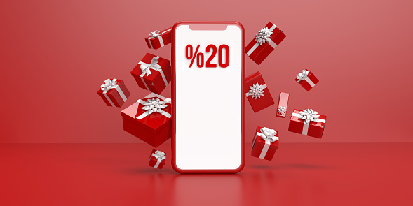 Beautiful gift boxes surrounding mobile phone device with 20 percentage discount text on white telephone screen. Red background with copy space. Valentine's Day, Christmas or Mother's Day business sale. Online holiday shopping concept in 3D illustration design