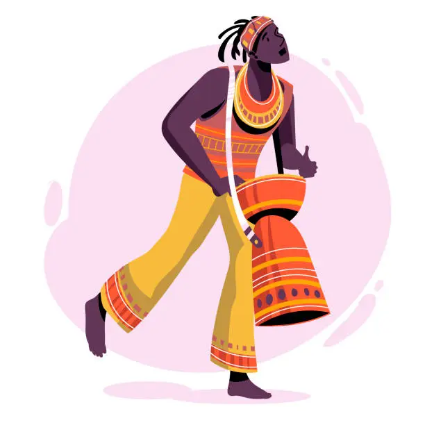 Vector illustration of Afican people playing ethnic African music with djembe