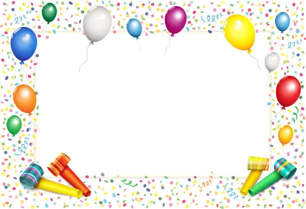 Vector illustration of Card with confetti, balloons, streamers, horns and blank paper inside for birthdays, Mother's Day, Mardi Gras, parties and much more.
Vector illustration isolated on white background