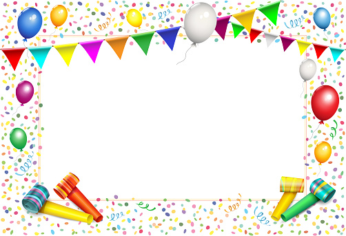 Blank card with confetti, horns, pennants, balloons and garland,
Card for birthday, carnival, carnival and much more.
Vector illustration isolated on white background