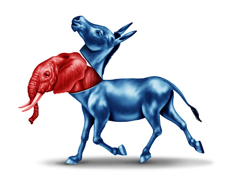 Fake Progressive or closet Liberal as a red Elephant pretending or masquerading as a Blue Donkey in an American election campaign as a symbol of opposition research politics and US political strategy in a 3D illustration style.