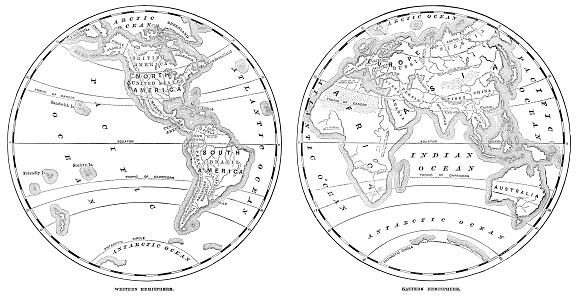 Maps of the Western Hemisphere and Eastern hemisphere. Vintage etching circa 19th century.