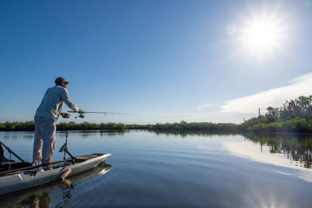 Stand-Up Kayaker Fishing in Florida Kayaker casting into the sun on the Gulf of Mexico near Crystal River, Florida. rowing boat fishing stock pictures, royalty-free photos & images