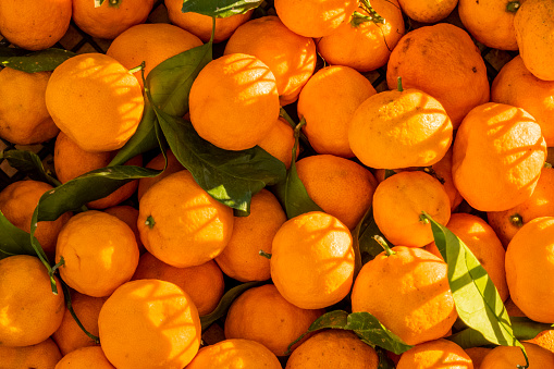 Food background of fresh healthy ripe orange clementines or mandarins in full frame view. High angle view on rich vitamin c under sunlight. Close-up on a stack of tangerines at market stall.