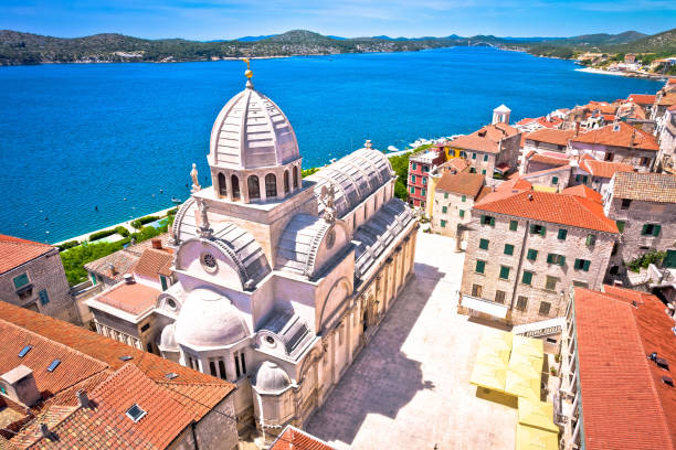 istock Sibenik saint James cathedral and waterfront aerial view 1456054364
