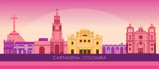 Vector illustration of Sunset Skyline panorama of city of Cartagena, Colombia