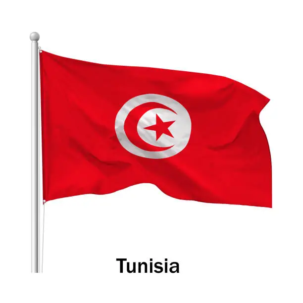 Vector illustration of Flag of the Republic of Tunisia in the wind on flagpole