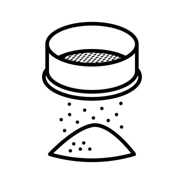 ikona sita przesiewającego mąkę. przesiewanie mąki na sito cukiernicze. piktogram izolowany na białym tle. - flour sifter stock illustrations