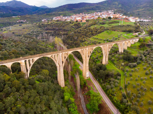 istock Drone view of spring hilly landscape with Guadalupe viaduct 1456059580