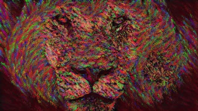 Digital animation of lion head portrait. Artificial intelligence concept of computer generated multicolored painting
