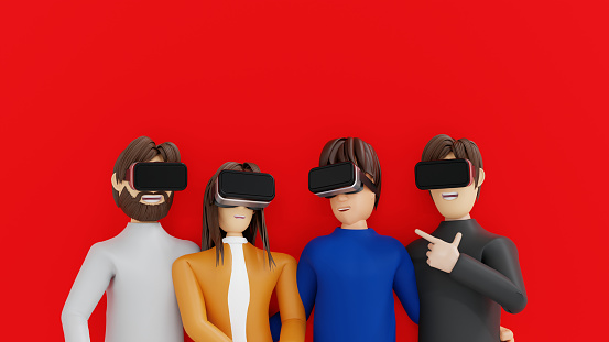 Group of friends enjoy virtual reality with VR glasses, artificial intelligence virtual reality technology movie cinema and gamming, 3D rendering cartoon character.