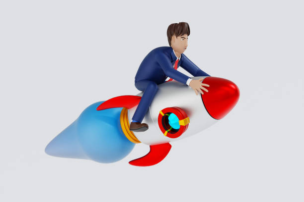 istock Launch business startup, new company concept, Businessman flying on rocket up, 3D rendering cartoon character. 1456060113