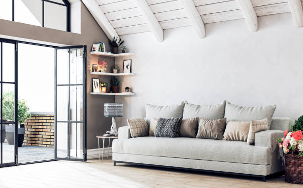 salon mansardé de style scandinave - une vue latérale - wall plaster indoors blank photos et images de collection
