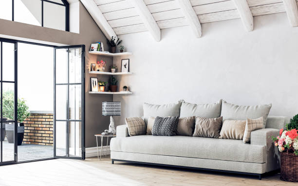 scandinavian-style attic living room - a side view - wall plaster indoors blank imagens e fotografias de stock