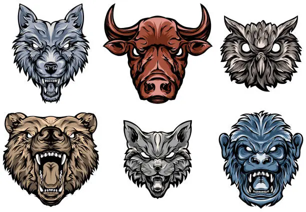Vector illustration of Head of bear, cat, monkey, owl, bull, wolf. Abstract character illustrations. Graphic logo design template for emblem. Image of portraits.