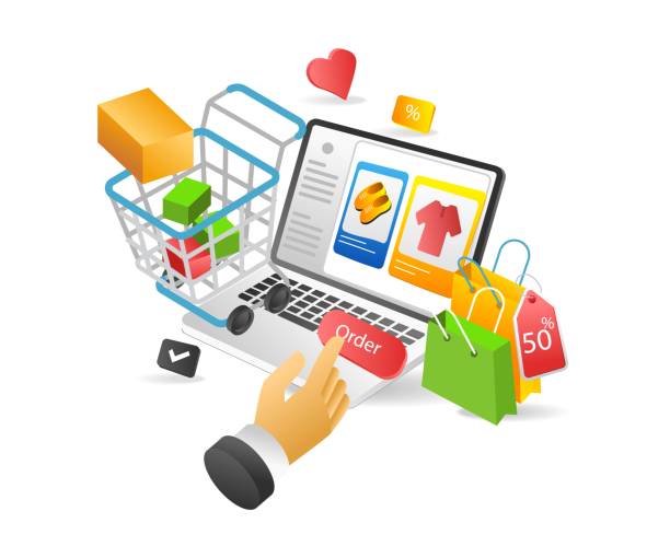 istock Flat 3d concept isometric illustration of online shopping order with computer 1456062820