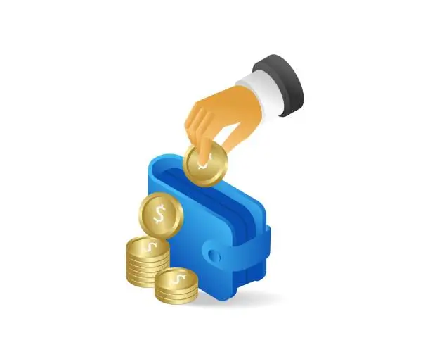Vector illustration of Flat 3d concept isometric illustration putting coins in wallet