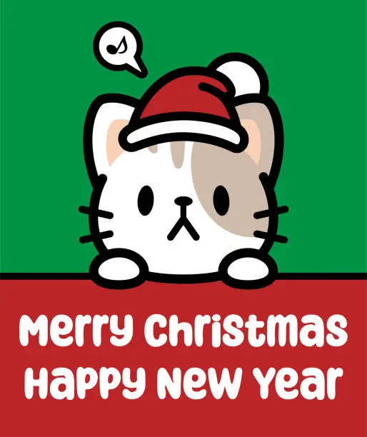 Vector illustration of A cute cat wearing a Santa hat holds a sign and wishes you a Merry Christmas and a Happy New Year