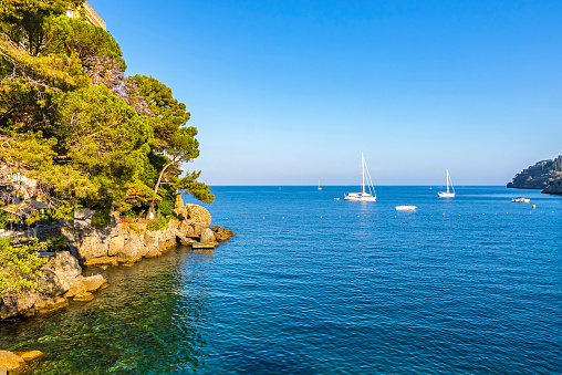 Beautiful natural view of the Bay of Paraggi in Santa Margherita Ligure, Mediterranean seacoat near luxury sea resort Portofino, Metropolitan City of Genoa, Italy
