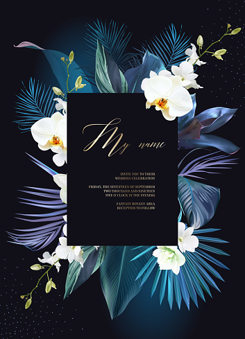 Tropical blue elegant frame arranged from exotic leaves and white orchid flowers. Design vector. Paradise plant, greenery chic card. Stylish fashion banner. Neon light template. Isolated and editable
