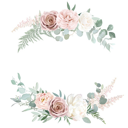 Silver sage and blush pink flowers vector round frame. Creamy beige and dusty rose, ranunculus, camellia, white peony, eucalyptus. Wedding floral. Pastel watercolor background. Isolated and editable