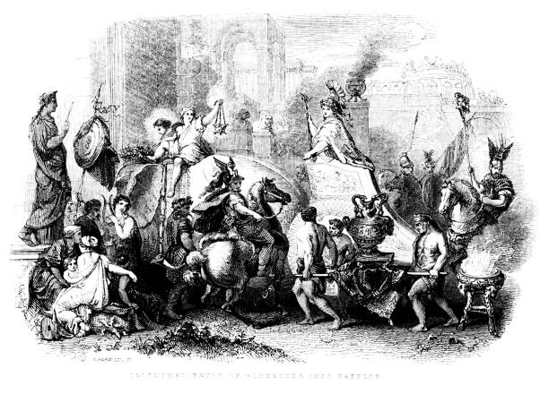 Entry of Alexander into Babylon Painting by Charles Le Brun, Ancient Civilization “Entry of Alexander into Babylon” by artist Charles Le Brun shows Alexander the Great in a chariot pulled by two elephants as he makes his triumphant entry into Babylon, the capital of Persia. Alexander defeated Persian King Darius III in 333 B   B.C.E. Woodcut engraving published 1846.  Original edition is from my own archives. Copyright has expired and is in Public Domain. 4th century bc stock illustrations